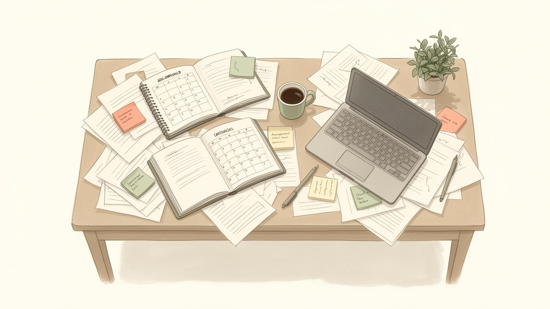 Überfüllter Arbeitsplatz mit Kalender, Notizen und Laptop